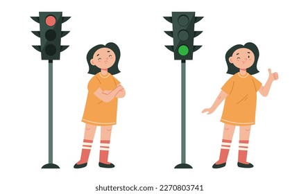Los niños paran y van, concepto de luz roja y verde. Ilustración del elemento de diseño gráfico del vector
