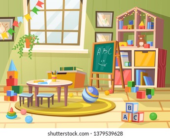 Kid or children, boy room for education. Child toys, flags, balls and books, chalkboard and cubes with alphabet, table with pencil and chair. Loft or attic, garret playroom in kindergarten. Childhood