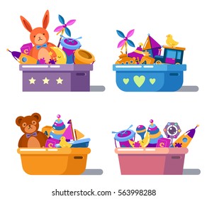 Kid or children cartoon toys in boxes. Teddy bear and ship, bird and alphabet cube, puzzle and rocket, drum and moon, maraca and whirligig or spinner, bucket and stars. Baby and childhood theme