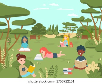 Caricatura infantil leyendo libro en parque natural nacional, niño relaja el concepto de lugar al aire libre ilustración vectorial de dibujos animados. Día escolar y universitario, estudio de jardín urbano de mujeres sentadas en grupo.