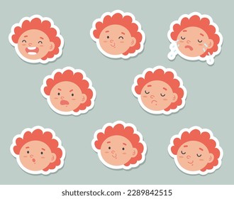 Kid children face emotion expression avatar stickers isolated set concept. Vector cartoon graphic design element illustration