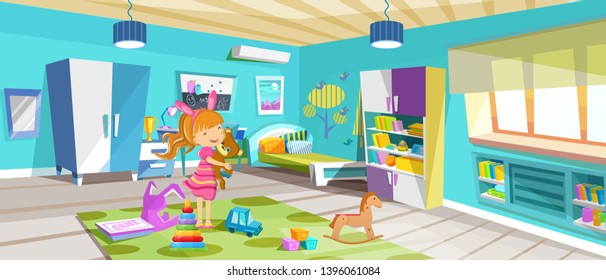 Kid children is played in room, in toys. Cozy room, children's bedroom with furniture, toys, accessories. Children's play room interior of room with large bright windows, bookcase area vector.