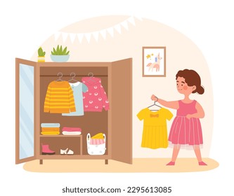 Kid choosing clothes. Girl holds hanger with yellow dress and stands near closet. Child choose fashion outfit and trendy outwear in summer or spring, hot weather. Cartoon flat vector illustration