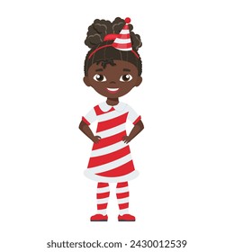 Kid in Christmas striped costume. Winter holiday party, funny dressing clothes vector cartoon illustration