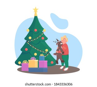 Kid with Christmas tree flat color vector faceless character. Gift boxes for child. Boy with plush bear. New Year present isolated cartoon illustration for web graphic design and animation