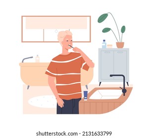 Limpieza infantil, cepillado de dientes con cepillo de dientes. Niños durante la rutina de higiene diaria en el baño de casa. Higiénica dental oral y masculina. Ilustración vectorial plana aislada en fondo blanco