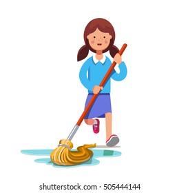 Kid cleaning floor with dust mop wet broom. Inspired girl doing household chores. Colorful flat style cartoon vector illustration.