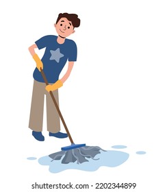 Kid Cleaning Floor Of Room With Mop To Help Mother With Housework Routine Vector Illustration. Cartoon Isolated Cute School Boy Housekeeping, Child Holding Mop To Clean House With Water And Rag.