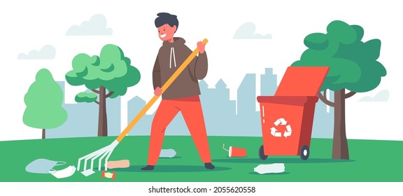 Jardín de Limpieza Infantil, Contaminación de Basura Natural, Concepto de Protección Ecológica. Campo de juego de personajes para niños voluntarios en parque recogiendo basura en basura reciclada. Ilustración del vector de dibujos animados