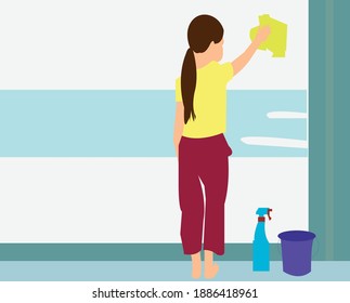 kid cleaning her house. domestic dirty window cleaning or regular household working cartoon vector illustration