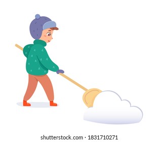 Kid cleaning road from snow. Boy helps with housework activity removing fallen snow to clear path. Childhood helper in winter vector illustration. Child with spade on white background.