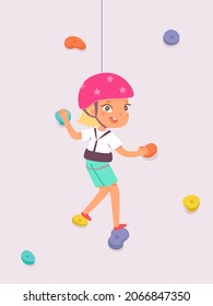 Kid Climber Climbing Rock Wall Vector Illustration. Cartoon Fearless Girl Character In Safety Helmet Bouldering, Alpinist Hanging On Rope Indoor In Gym Playground, Extreme Difficult Challenge Concept