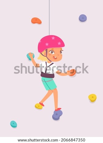 Kid climber climbing rock wall vector illustration. Cartoon fearless girl character in safety helmet bouldering, alpinist hanging on rope indoor in gym playground, extreme difficult challenge concept