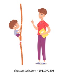 Kid climbing on rope in physical education class at school. Child with teacher doing exercise on tightrope in PE vector illustration. Boy hanging, coach instructing on white background.