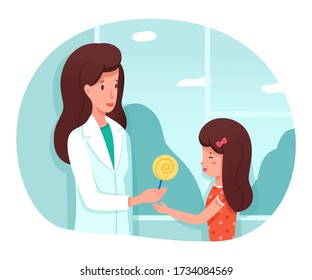 Kid In Clinic Concept. Nurse Or Doctor Gives Lollipop To Child. Girl Receives Candy Reward After Medical Procedures. Pediatrician And Little Patient, Medical Service. Vector Character Illustration