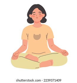 Niño con ojos cerrados meditando en la postura del loto de yoga. Caracter femenino sentado con las piernas cruzado y practicando la meditación. Ilustración vectorial plana aislada en fondo blanco