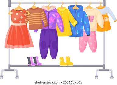 Kid clothes hanger. Wardrobe rack with fashion apparel isolated on white background