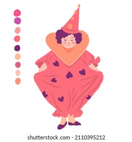 Сute kid in a clown costume and a cap makes a bow. st. Valentines day postcard. Vector illustration. 
