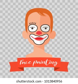 Kid with clown face painting vector illustrations on transparent background. Child face with mask makeup painted for kids party 