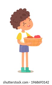 Kid collecting apples in basket. Little happy boy standing with fruit in hands and laughing vector illustration. Child doing chores in agriculture, helping on white background.