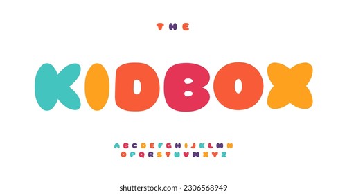 Alfabeto colorido infantil, letras plumas, fuente divertida del festival para letras y logo brillantes y gordos, titular infantil, tipografía de caja de juguetes, diseño tipográfico moderno. Tipo de vector