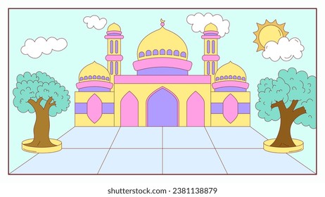 Kid Colorful Mosque Cartoon Illustration