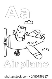 Kid coloring book, Coloring book (Airplane), colorless alphabet for children: letter A