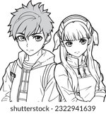Kid coloring book character of anime boy girl, love couple,  black outline only, line art vector