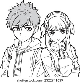 Kid coloring book character of anime boy girl, love couple,  black outline only, line art vector