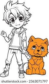 Kid Coloring book character of anime boy with dog, 100% editable and colorable