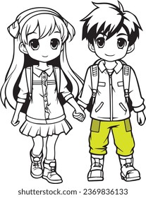 Kid Coloring Book Character of Anime School Friends holding hands
