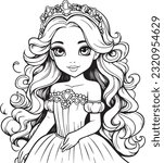 Kid coloring book character of beautiful princess anime girl, doodle, black outline, Hairdressing. Care and beauty.  