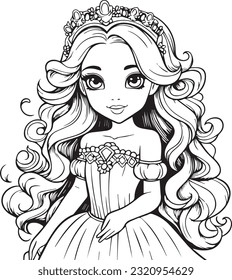 Kid coloring book character of beautiful princess anime girl, doodle, black outline, Hairdressing. Care and beauty.  