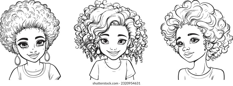 Kid coloring book character of fashion anime girl with curly , doodle, black outline, Hairdressing. Care and beauty.  Curly hairstyle. Young pretty girl. Black and white line