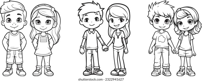 Kid coloring book character of friends, boy girl, innocent, black outline only, line art vector