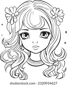 Kid coloring book character of innocent anime girl, doodle, black outline, Hairdressing. Care and beauty.  Long and straight hairs