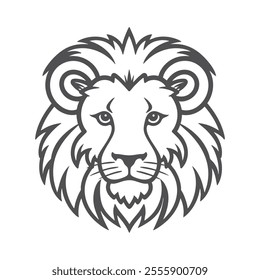 kid coloring book character of minimalist lion face art, black outline on white background.