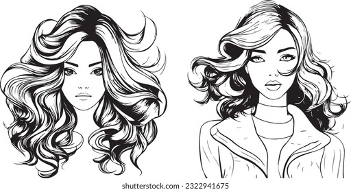 Kid coloring book character of modern stylish girl , black outline only, line art vector, beautiful hair