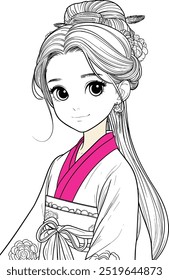 Kid Coloring book character of sweet girl, innocent girl face, black outline