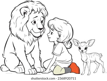 Kid Coloring Book Characters of Lion, Boy and Baby Deer