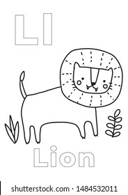 Kid coloring book, Coloring book (Lion), colorless alphabet for children: letter L