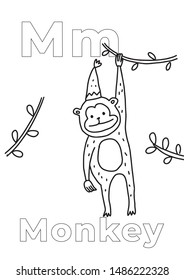 Kid coloring book, Coloring book (Monkey), colorless alphabet for children: letter M