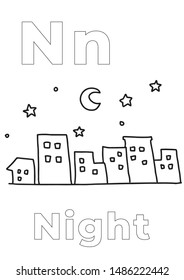 Kid coloring book, Coloring book (Night), colorless alphabet for children: letter N