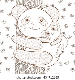 Kid coloring book page Cute panda with baby on tree. Brown outline. Whimsical line art Vector illustration.