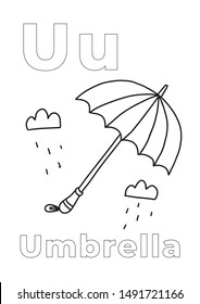 Kid coloring book, Coloring book (Umbrella), colorless alphabet for children: letter U