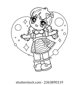 Kid coloring page character of pretty manga girl with pigtails in a cute dress.