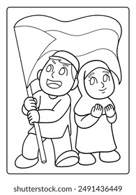 kid coloring page illustration of young palestine kids boy and girl holding palestine flag background