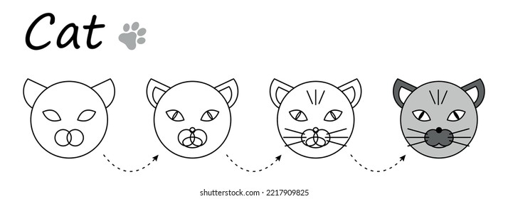 Kid coloring worksheet, Step by step instructions for drawing a cat. Easy educational game for preschool children, applique