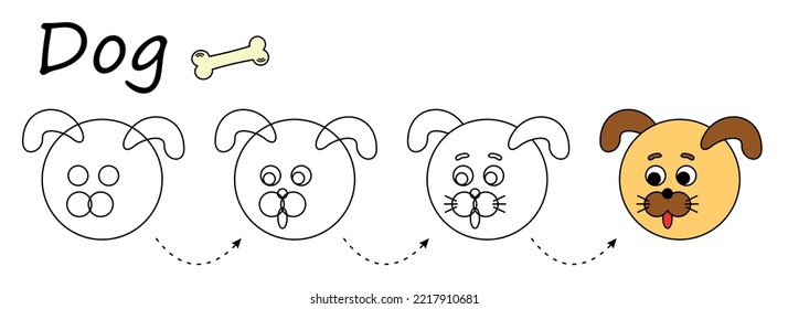 Kid coloring worksheet, Step by step instructions for drawing a dog. Easy educational game for preschool children, applique