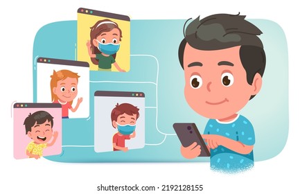 Kid communicating with boys, girls friends in multiple windows by video call on mobile cell phone. Children people talking online using video chat app. Modern communication concept vector illustration